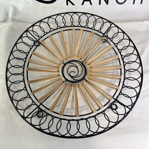 Large Woven Bamboo & Black Metal Round Tray Boho Farmhouse Decor 17” - Picture 3 of 9